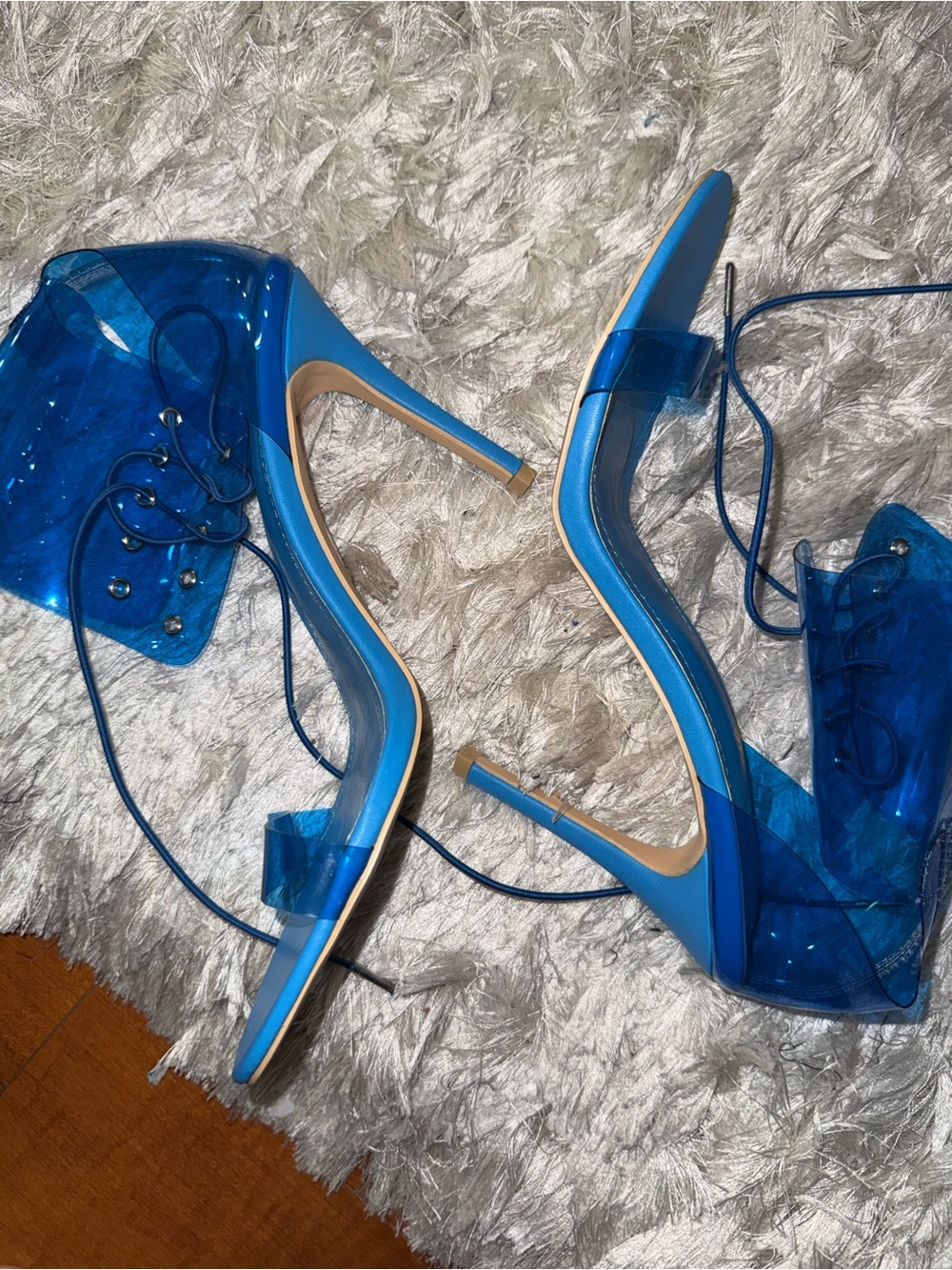 Blue Clear Strap Lace-Up Stiletto Heels